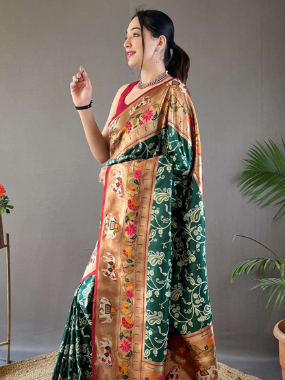 Bottle Green Woven Patola Paithani Silk Saree