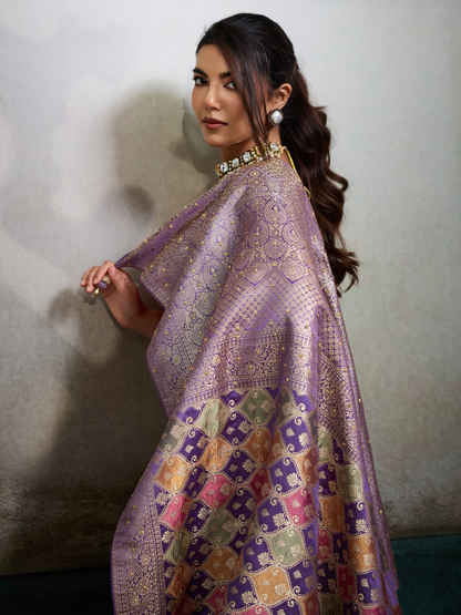 Luxury Purple Jacquard Weaving Satin Silk Saree