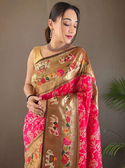 Raspberry Pink Woven Patola Paithani Silk Saree