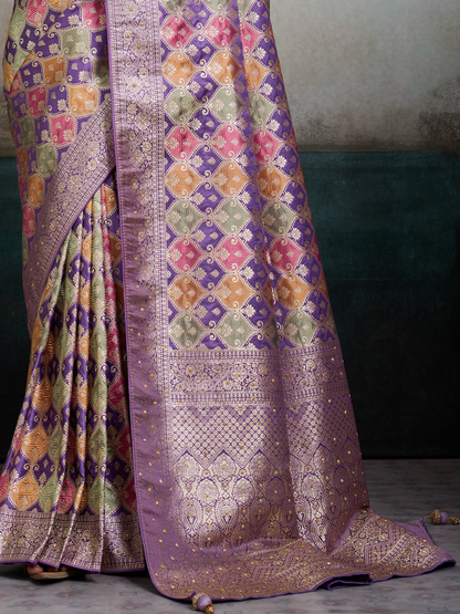 Luxury Purple Jacquard Weaving Satin Silk Saree