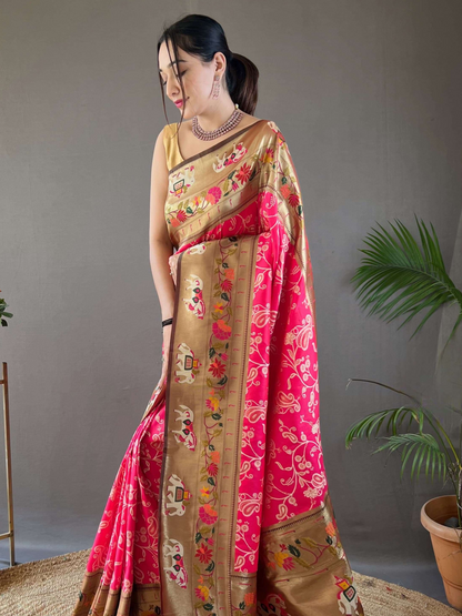 Raspberry Pink Woven Patola Paithani Silk Saree