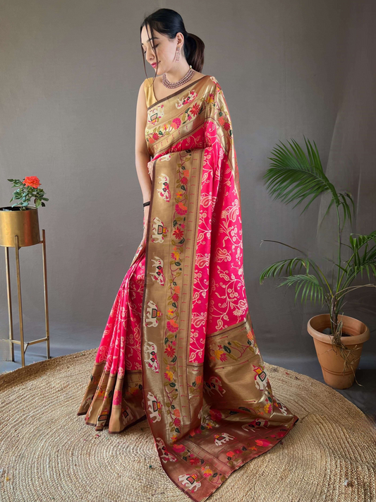 Raspberry Pink Woven Patola Paithani Silk Saree