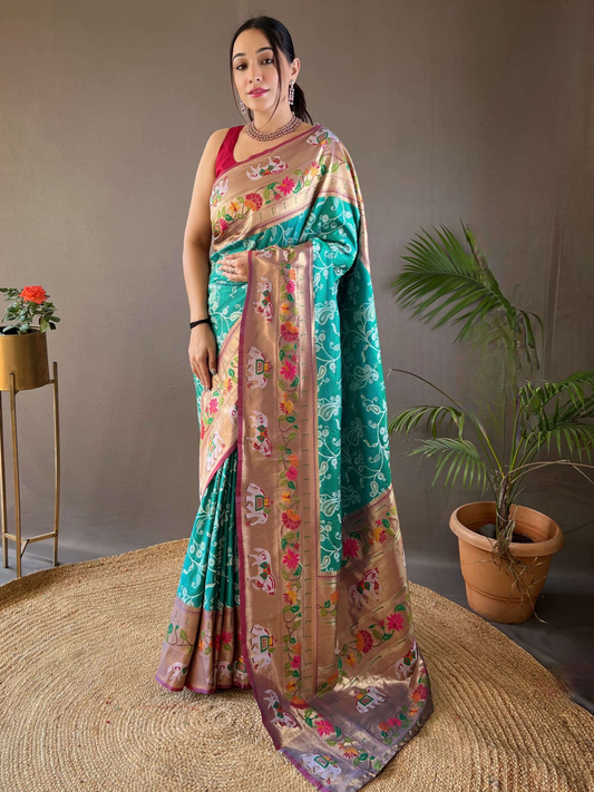 Turquoise Blue Woven Patola Paithani Silk Saree