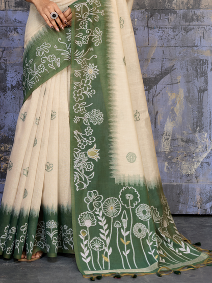 Unique Green Printed Cotton Silk Saree