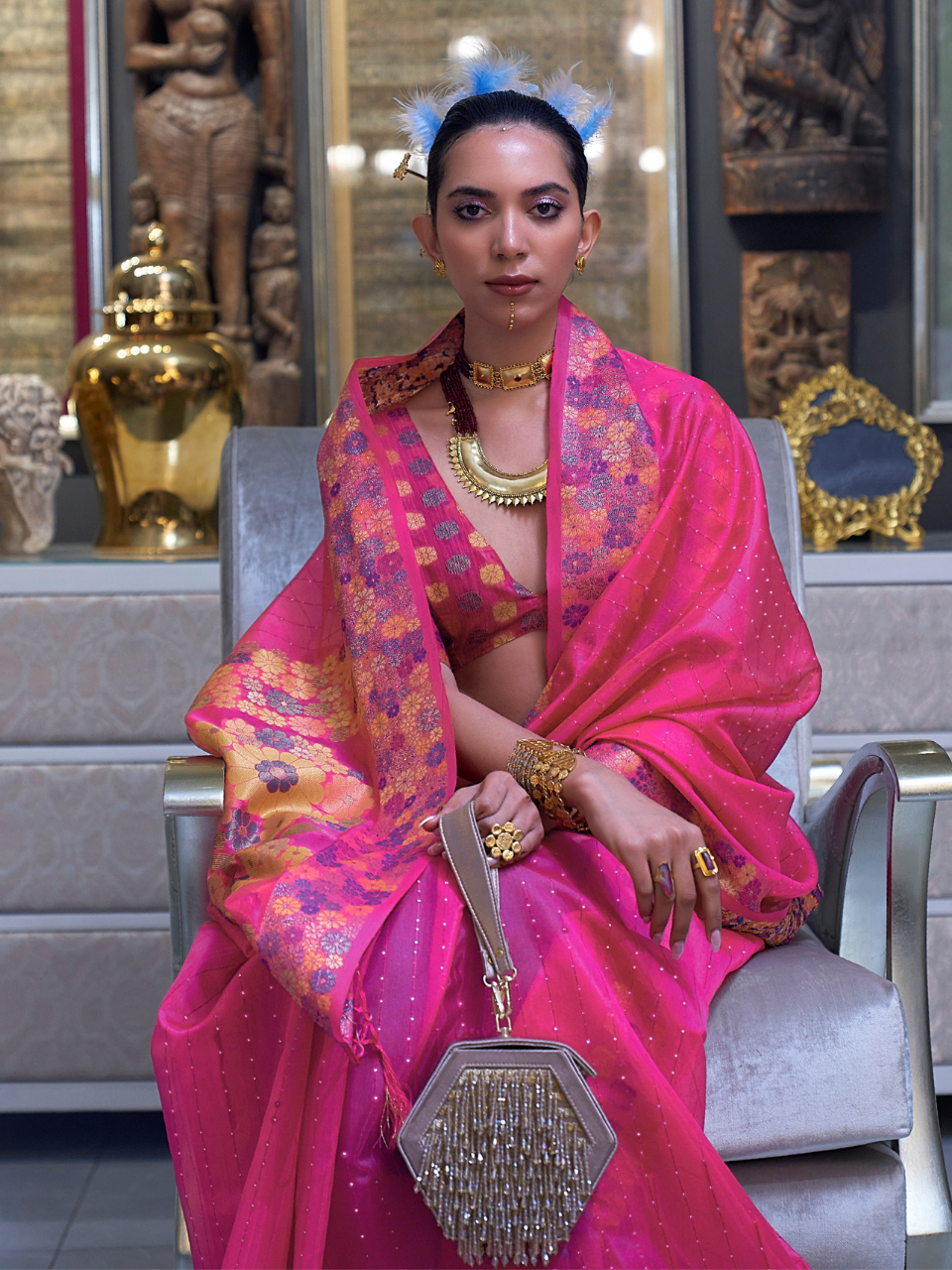 pink weaving organza saree