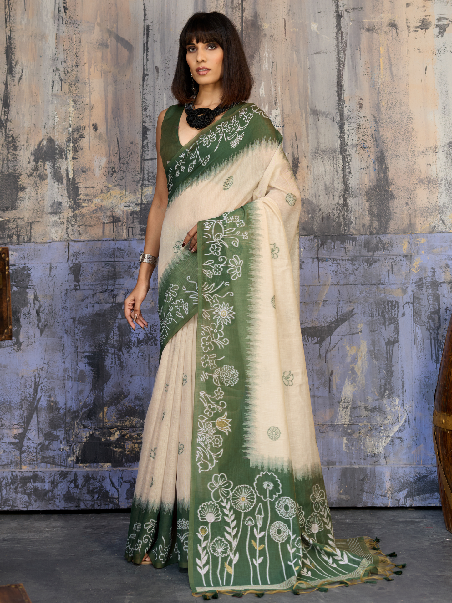 Unique Green Printed Cotton Silk Saree