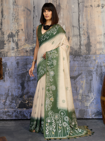 Unique Green Printed Cotton Silk Saree