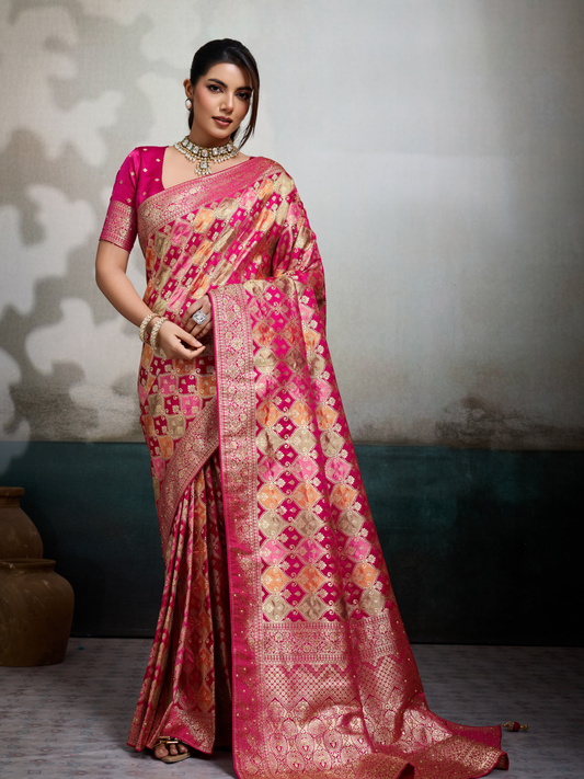 Princess Pink Jacquard Weaving Satin Silk Saree