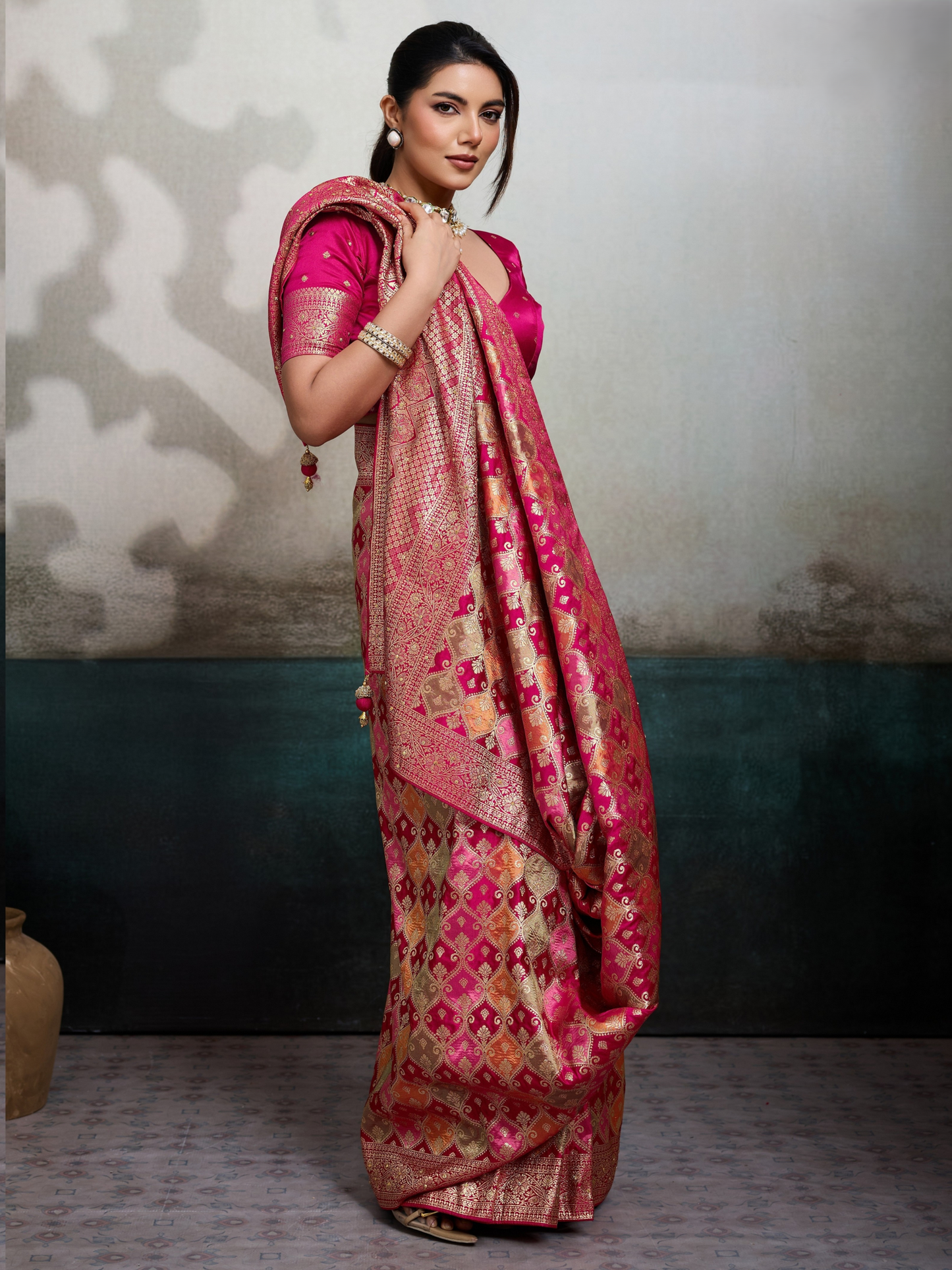 Princess Pink Jacquard Weaving Satin Silk Saree