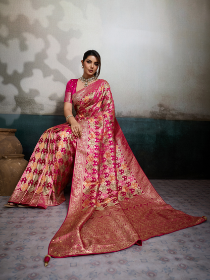 Princess Pink Jacquard Weaving Satin Silk Saree