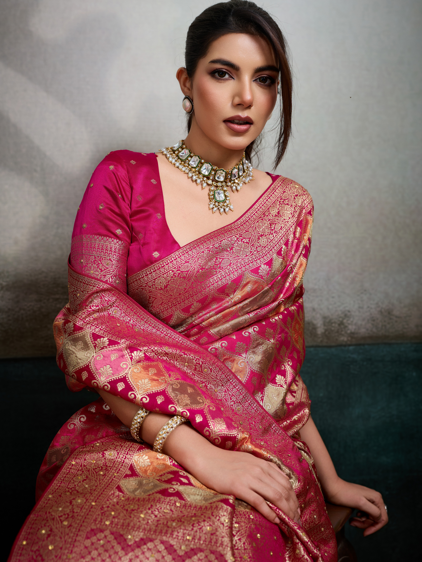 Princess Pink Jacquard Weaving Satin Silk Saree