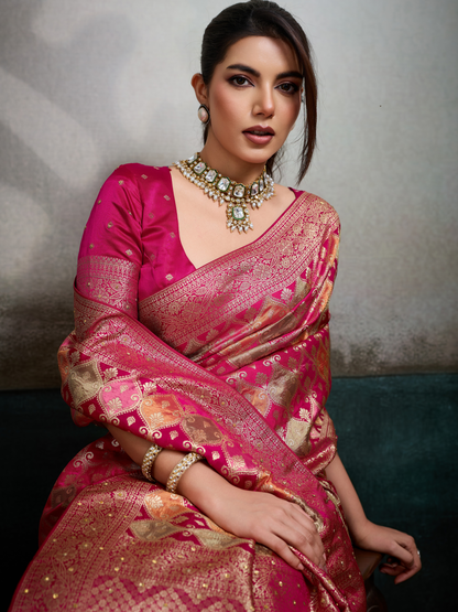 Princess Pink Jacquard Weaving Satin Silk Saree