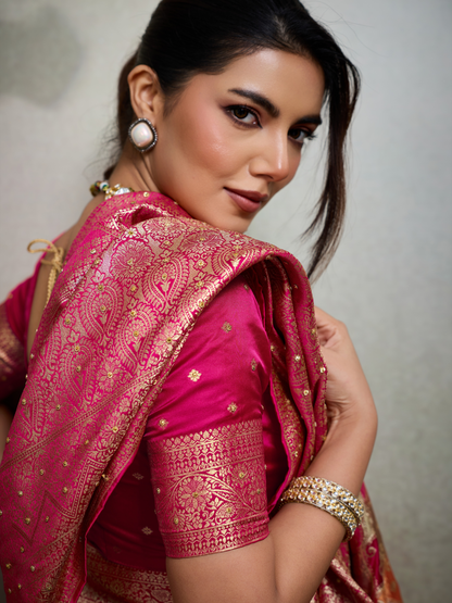 Princess Pink Jacquard Weaving Satin Silk Saree