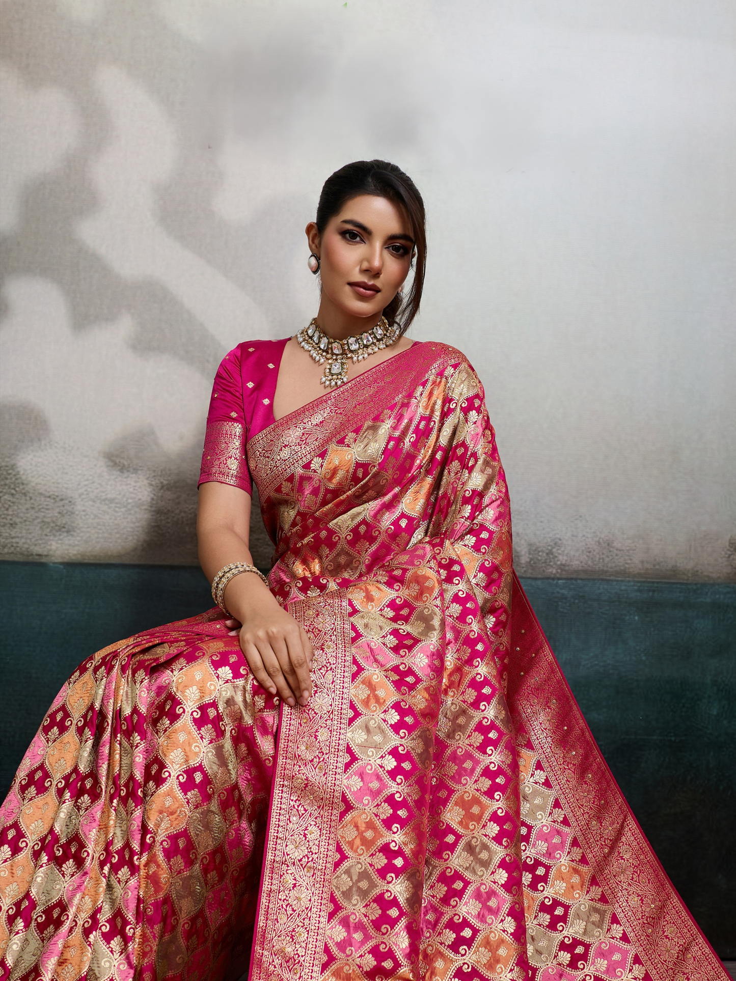Princess Pink Jacquard Weaving Satin Silk Saree