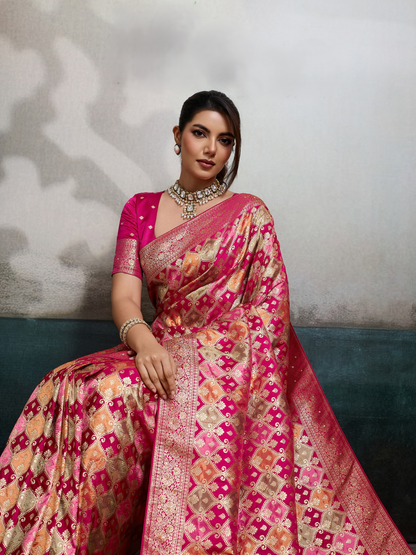 Princess Pink Jacquard Weaving Satin Silk Saree