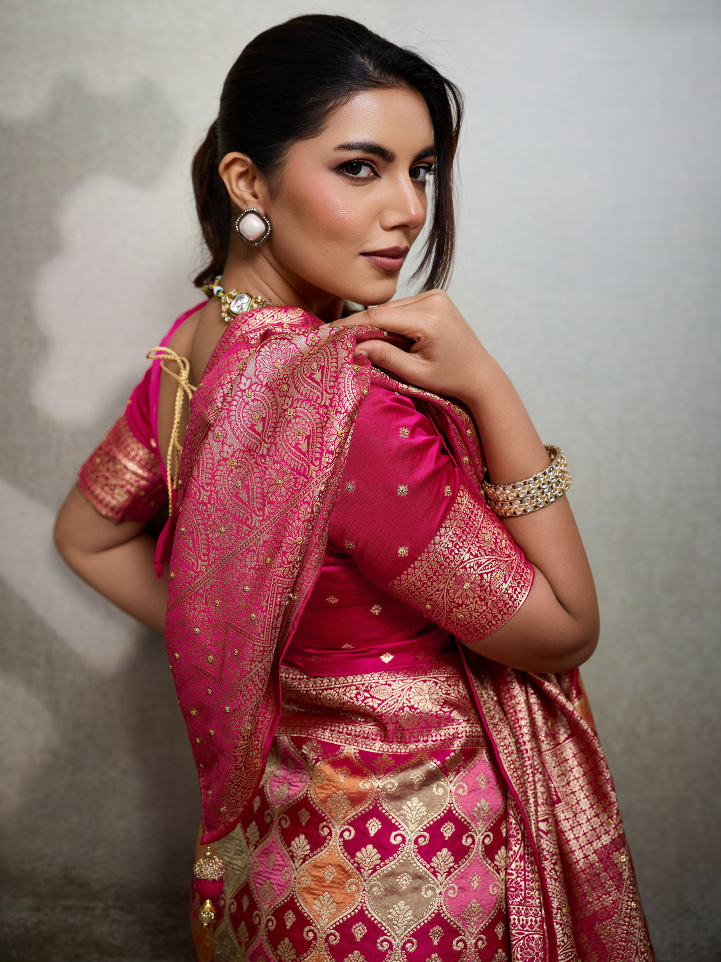 Princess Pink Jacquard Weaving Satin Silk Saree