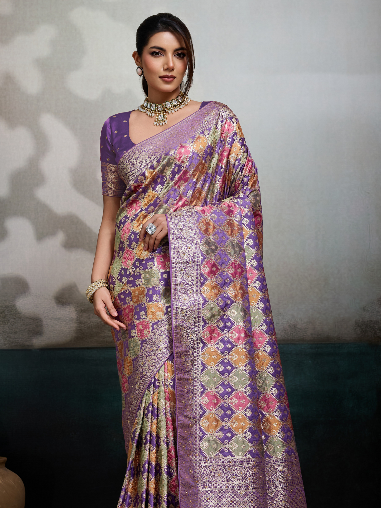 Luxury Purple Jacquard Weaving Satin Silk Saree
