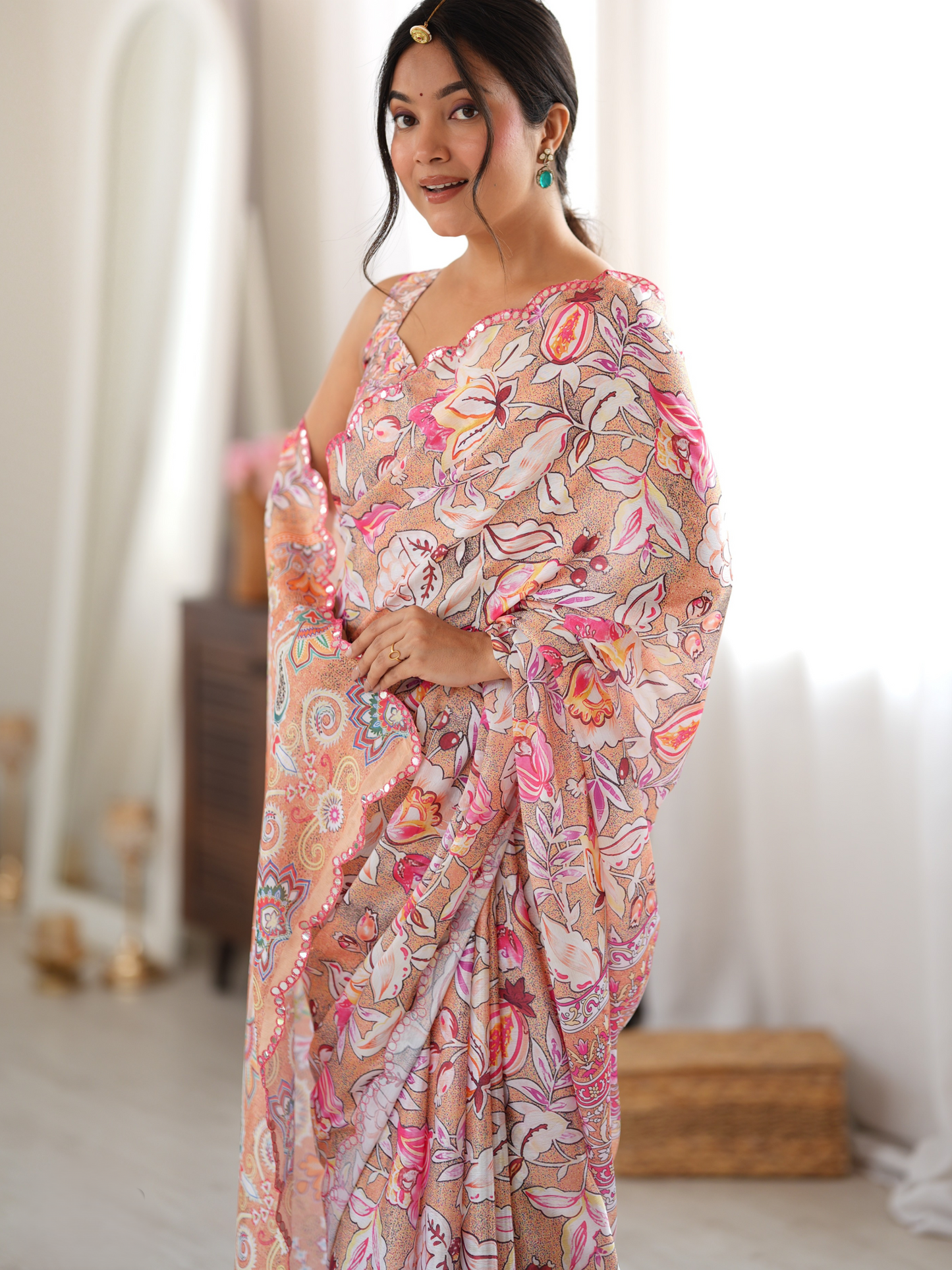 Almond Beige Printed Chiffon Silk Saree