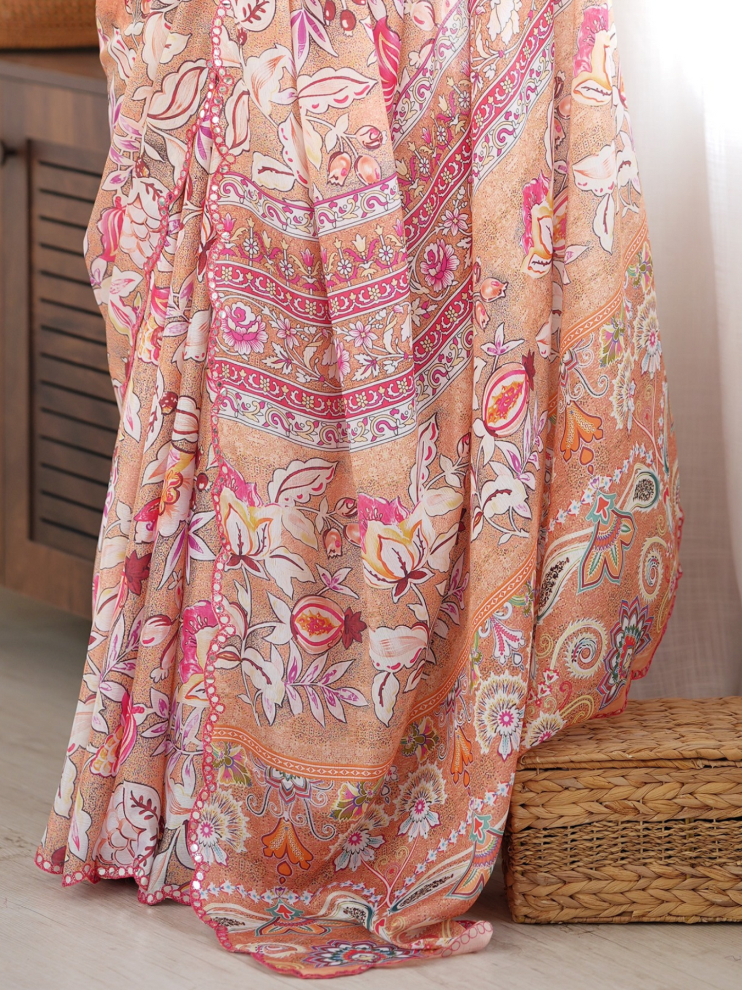 Almond Beige Printed Chiffon Silk Saree