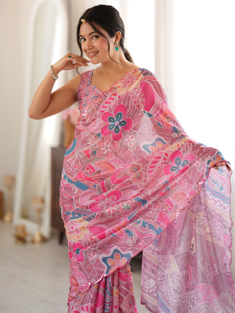 Coral Pink Printed Chiffon Silk Saree