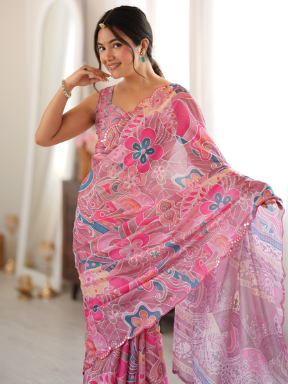 Coral Pink Printed Chiffon Silk Saree