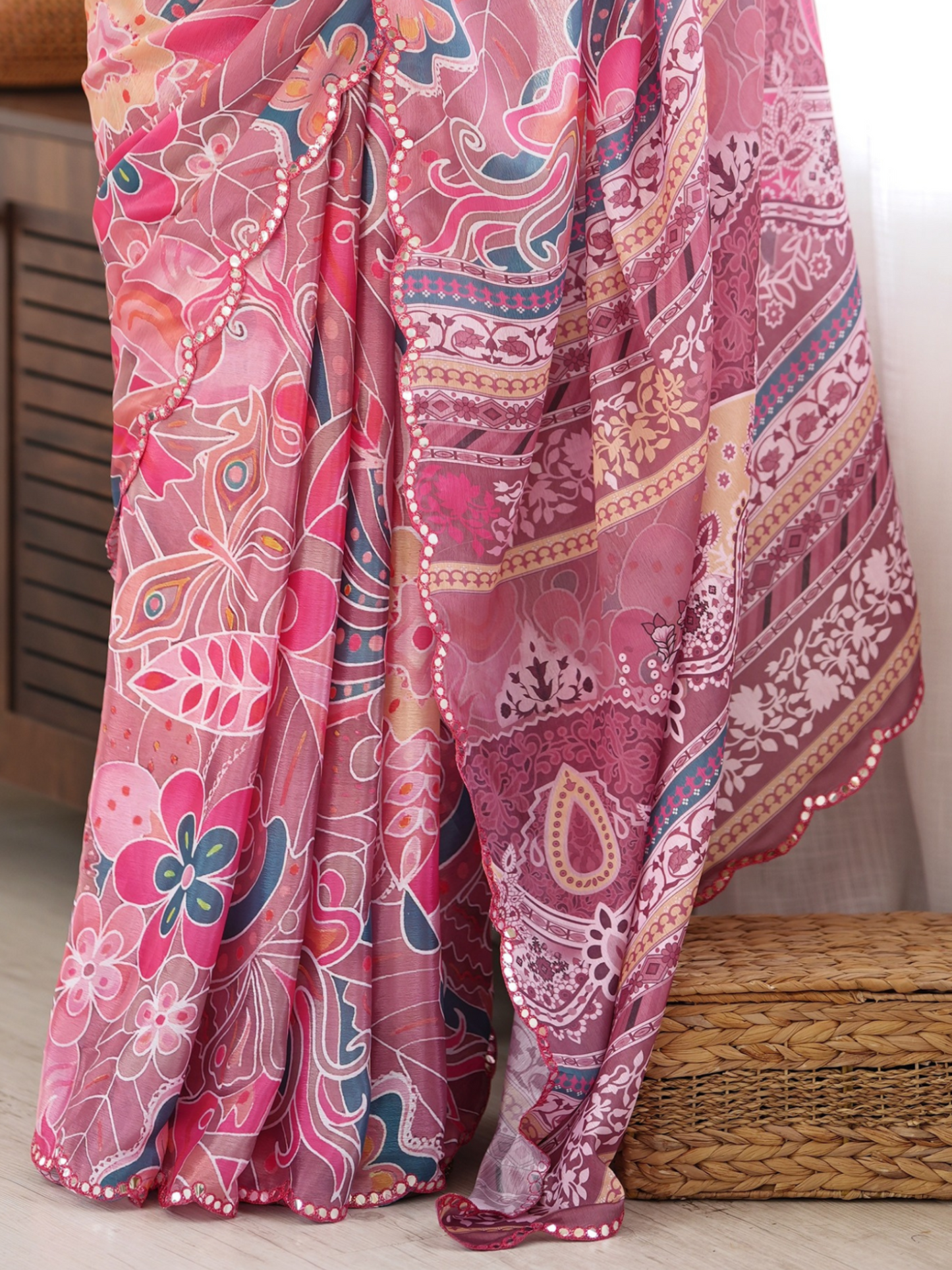 Coral Pink Printed Chiffon Silk Saree