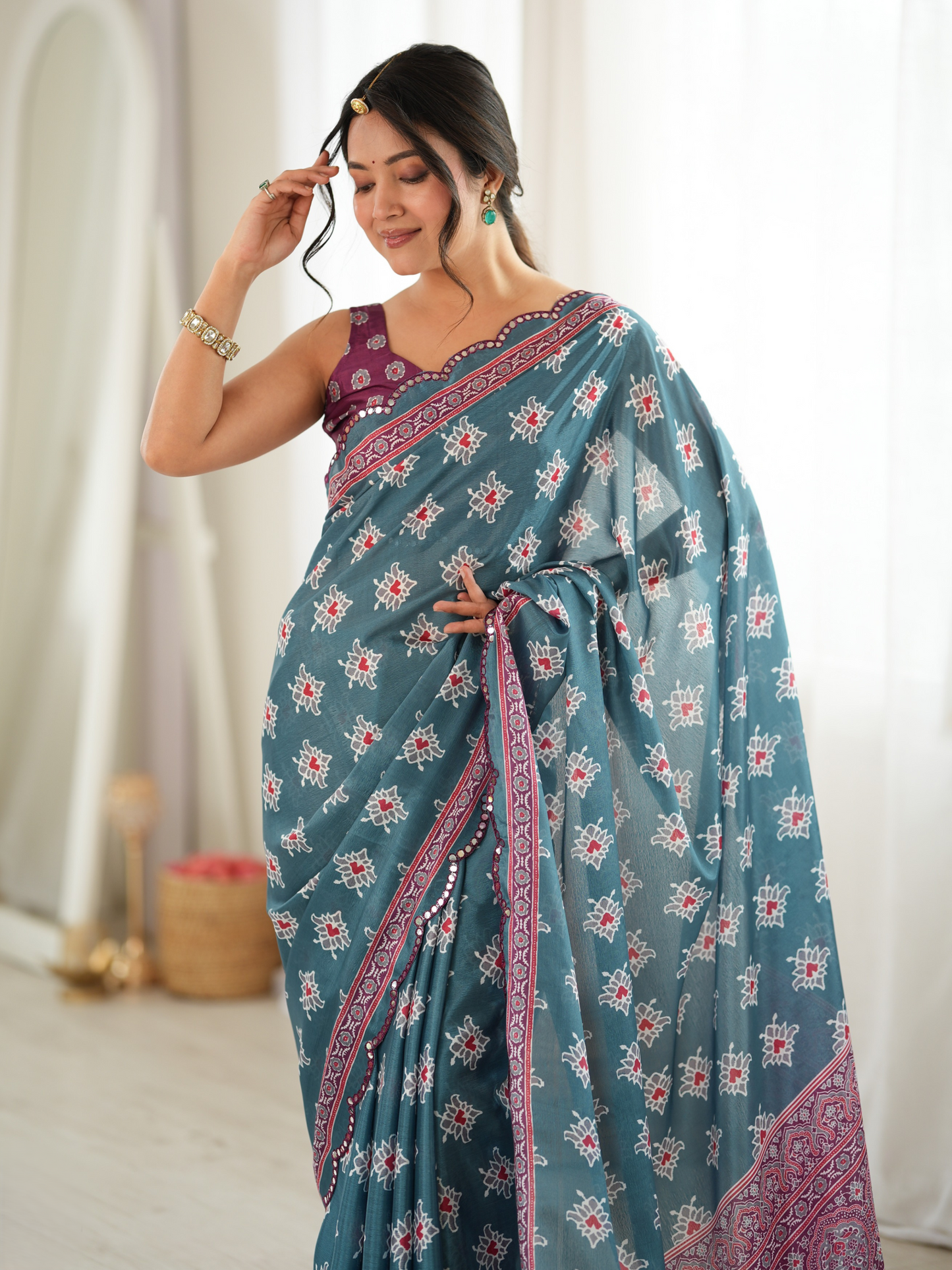 Teal Blue Printed Chiffon Silk Saree