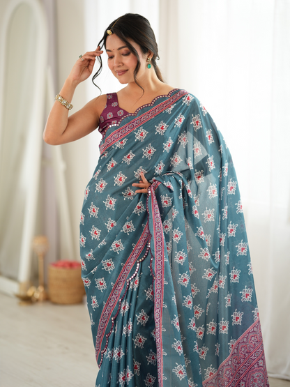 Teal Blue Printed Chiffon Silk Saree