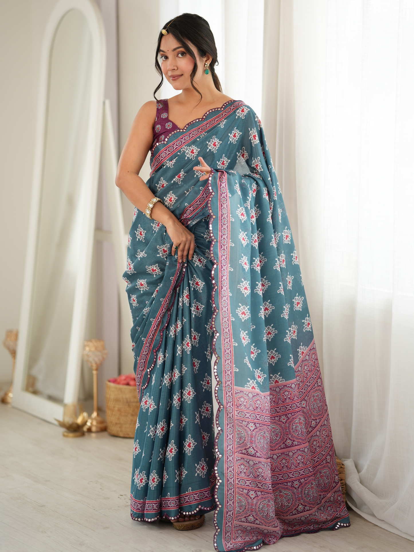 Teal Blue Printed Chiffon Silk Saree