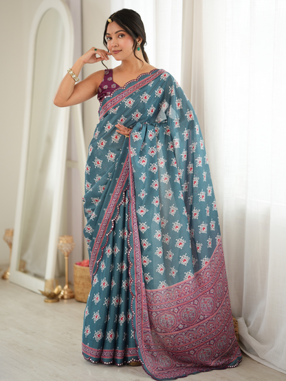 Teal Blue Printed Chiffon Silk Saree
