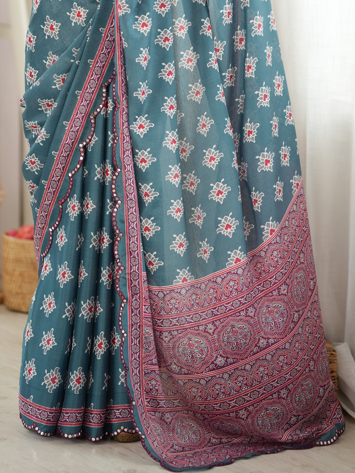 Teal Blue Printed Chiffon Silk Saree