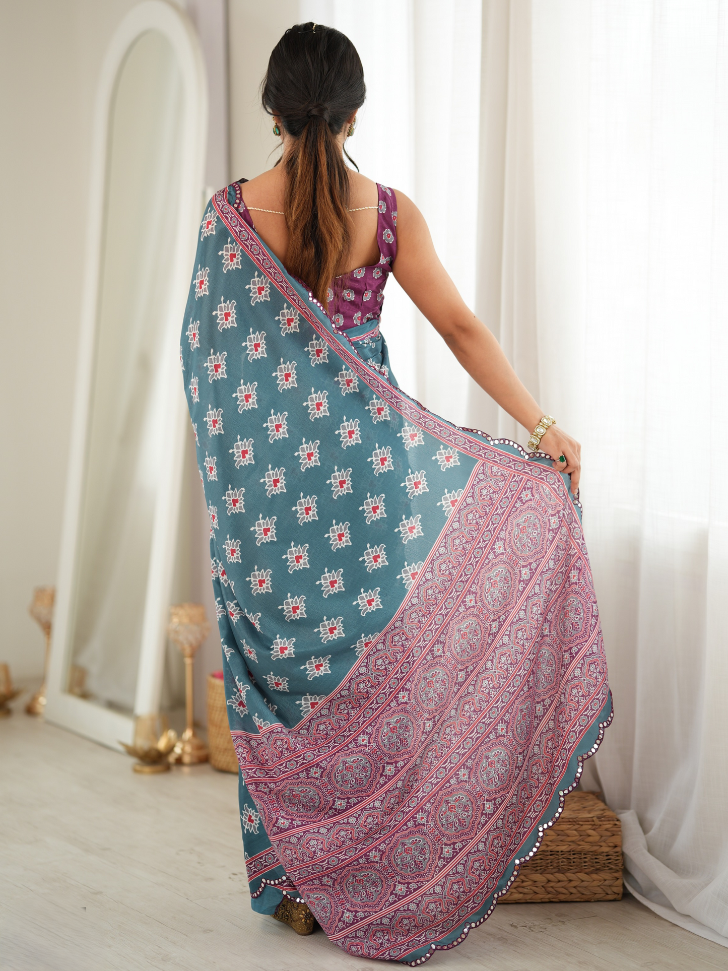 Teal Blue Printed Chiffon Silk Saree