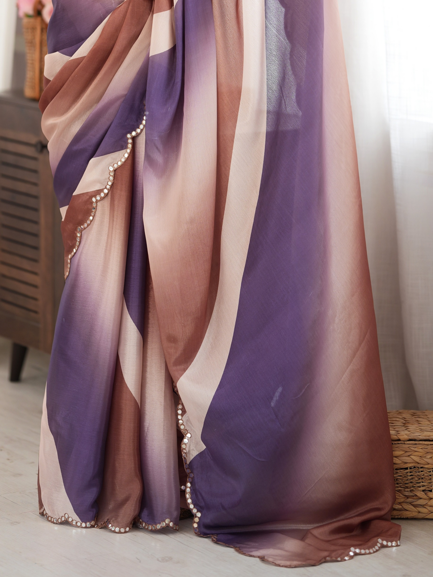 Coffee & Purple Printed Chiffon Silk Saree