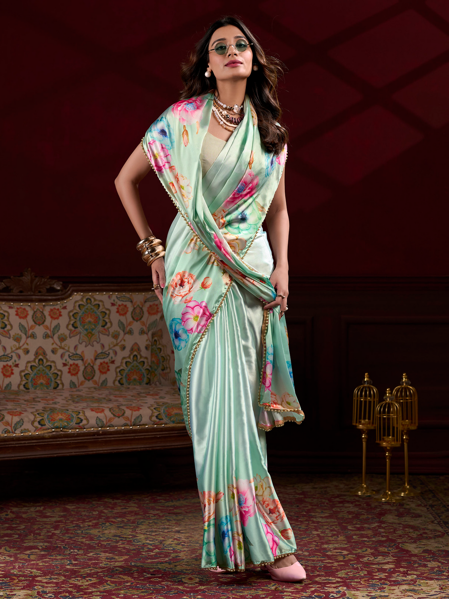 Pistachio Green Printed Satin Silk Saree