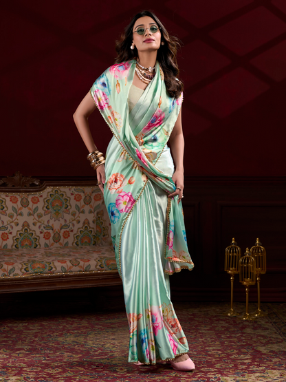 Pistachio Green Printed Satin Silk Saree