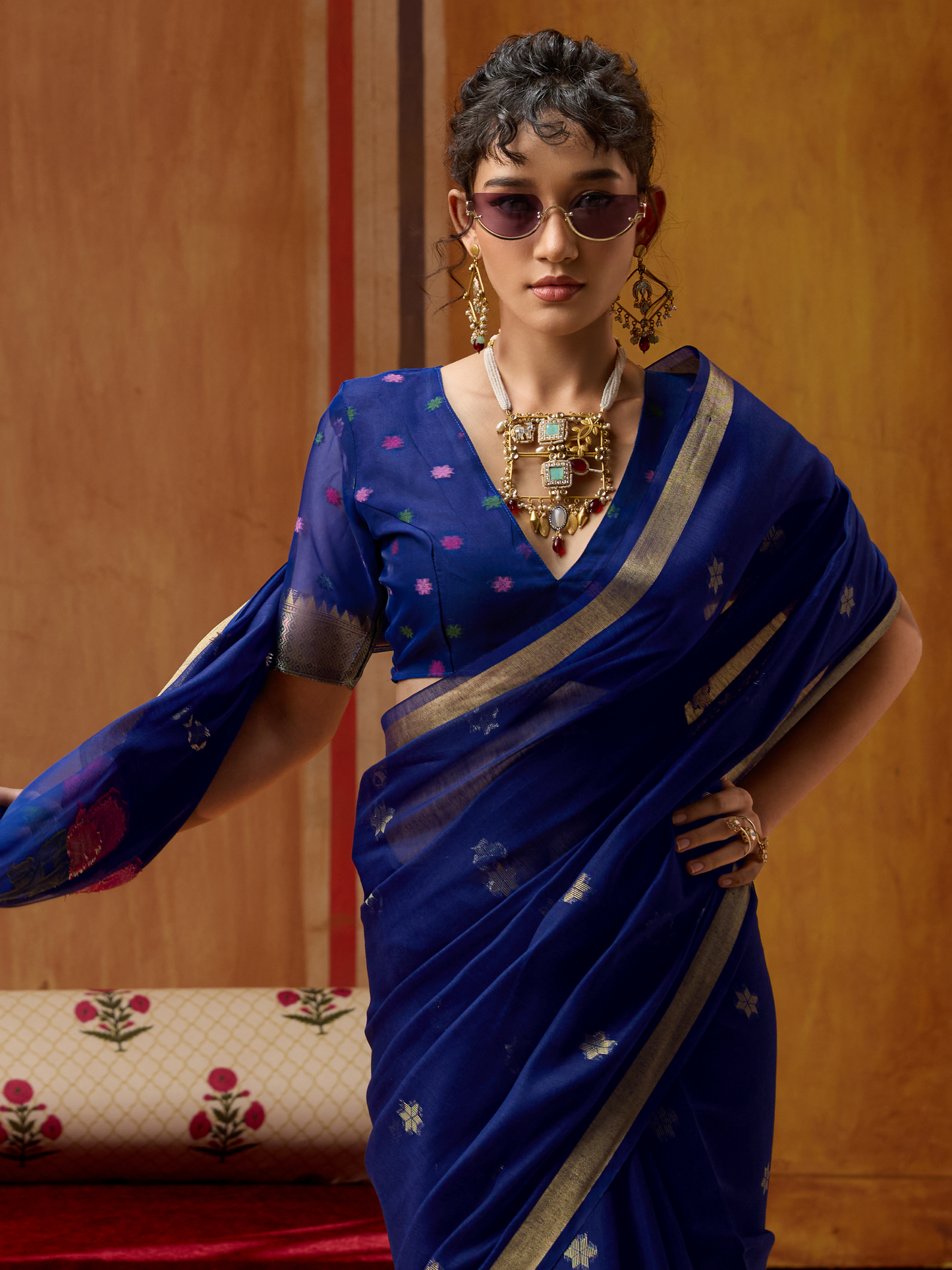 Ink Blue Spun Cotton Weaving Saree
