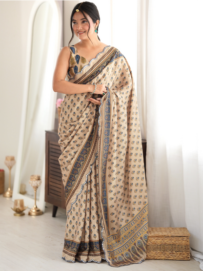 Bisque Beige Printed Chiffon Silk Saree