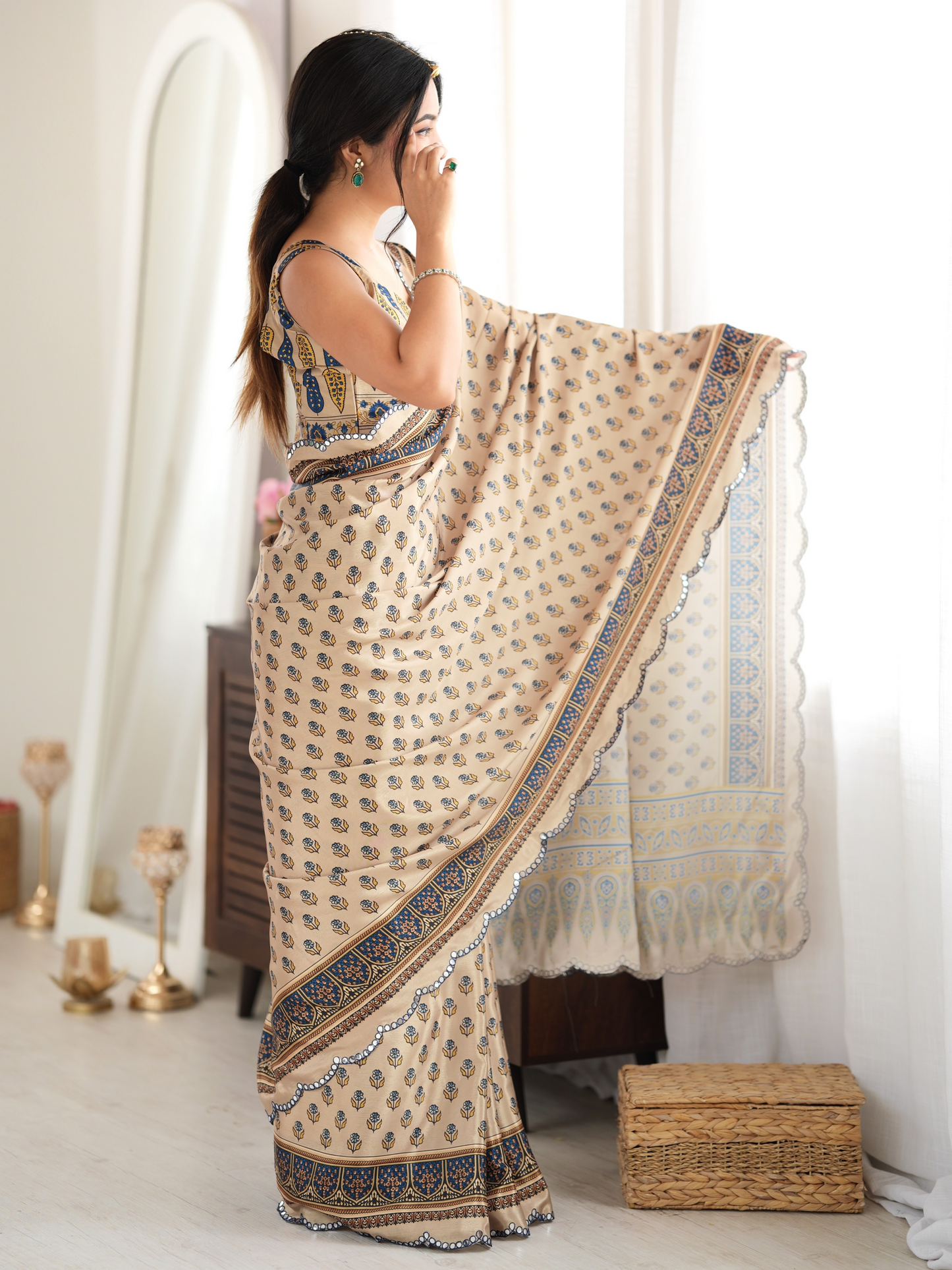 Bisque Beige Printed Chiffon Silk Saree