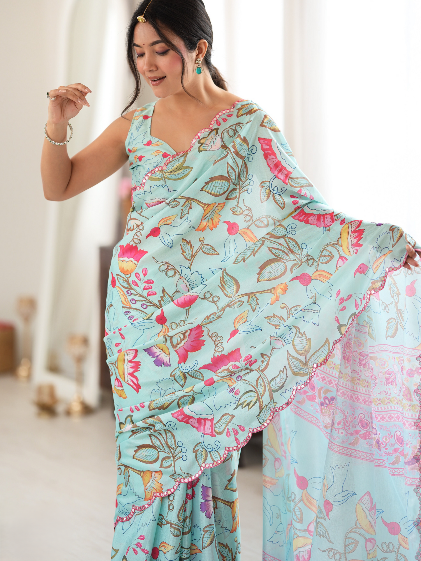 Aqua Blue Printed Chiffon Silk Saree