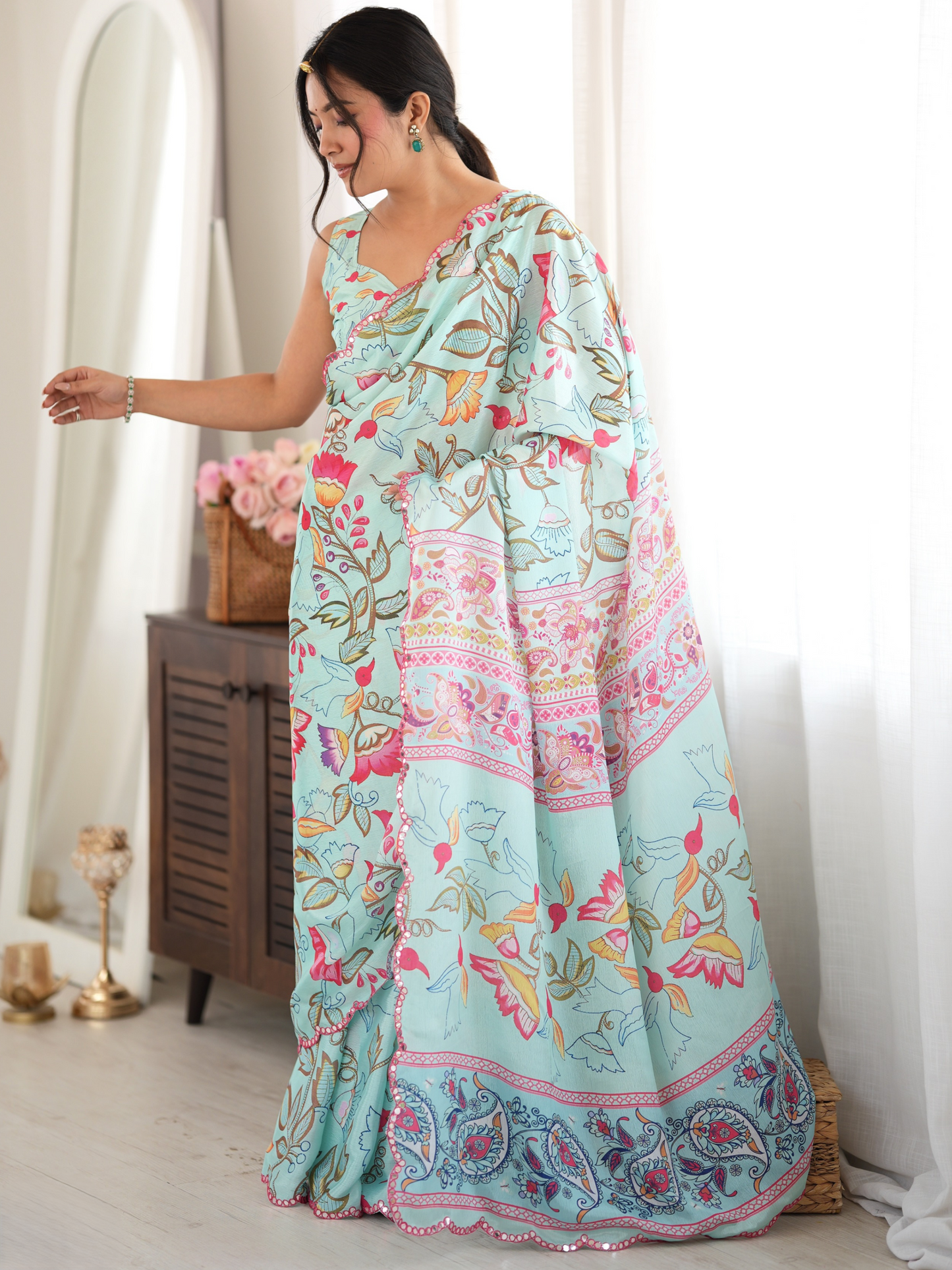 Aqua Blue Printed Chiffon Silk Saree