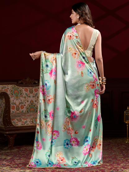 Pistachio Green Printed Satin Silk Saree