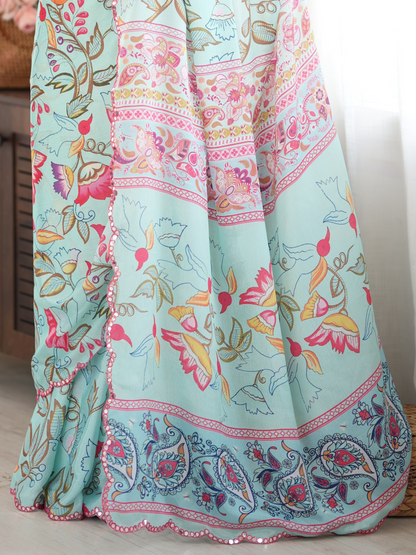 Aqua Blue Printed Chiffon Silk Saree