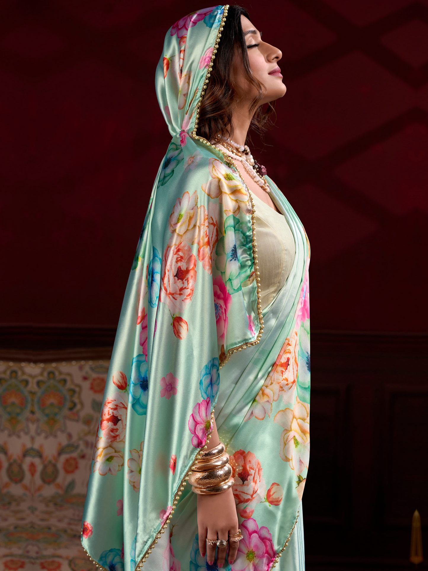 Pistachio Green Printed Satin Silk Saree