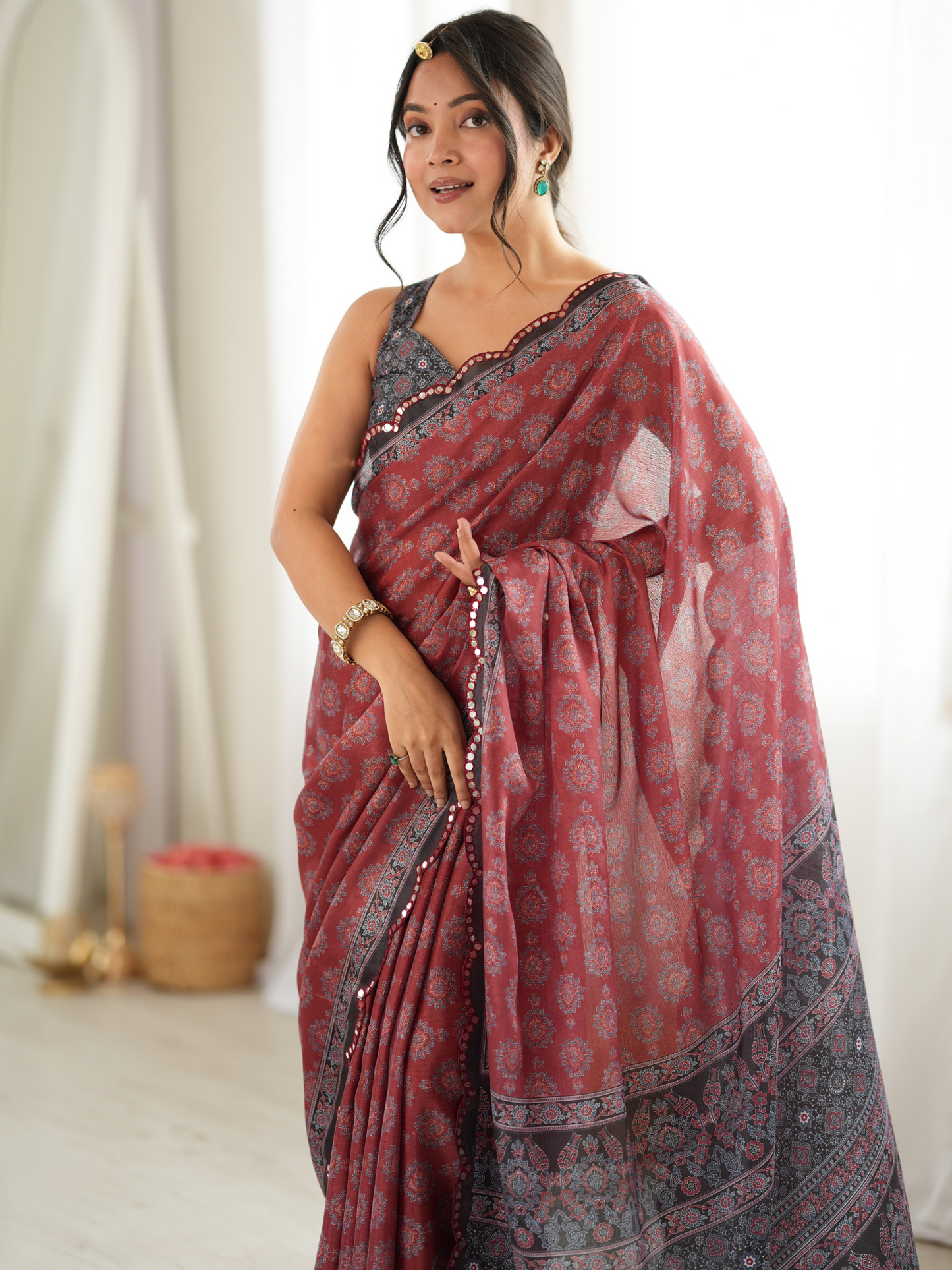 Maroon & Black Printed Chiffon Silk Saree