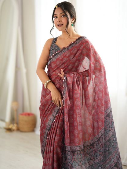 Maroon & Black Printed Chiffon Silk Saree