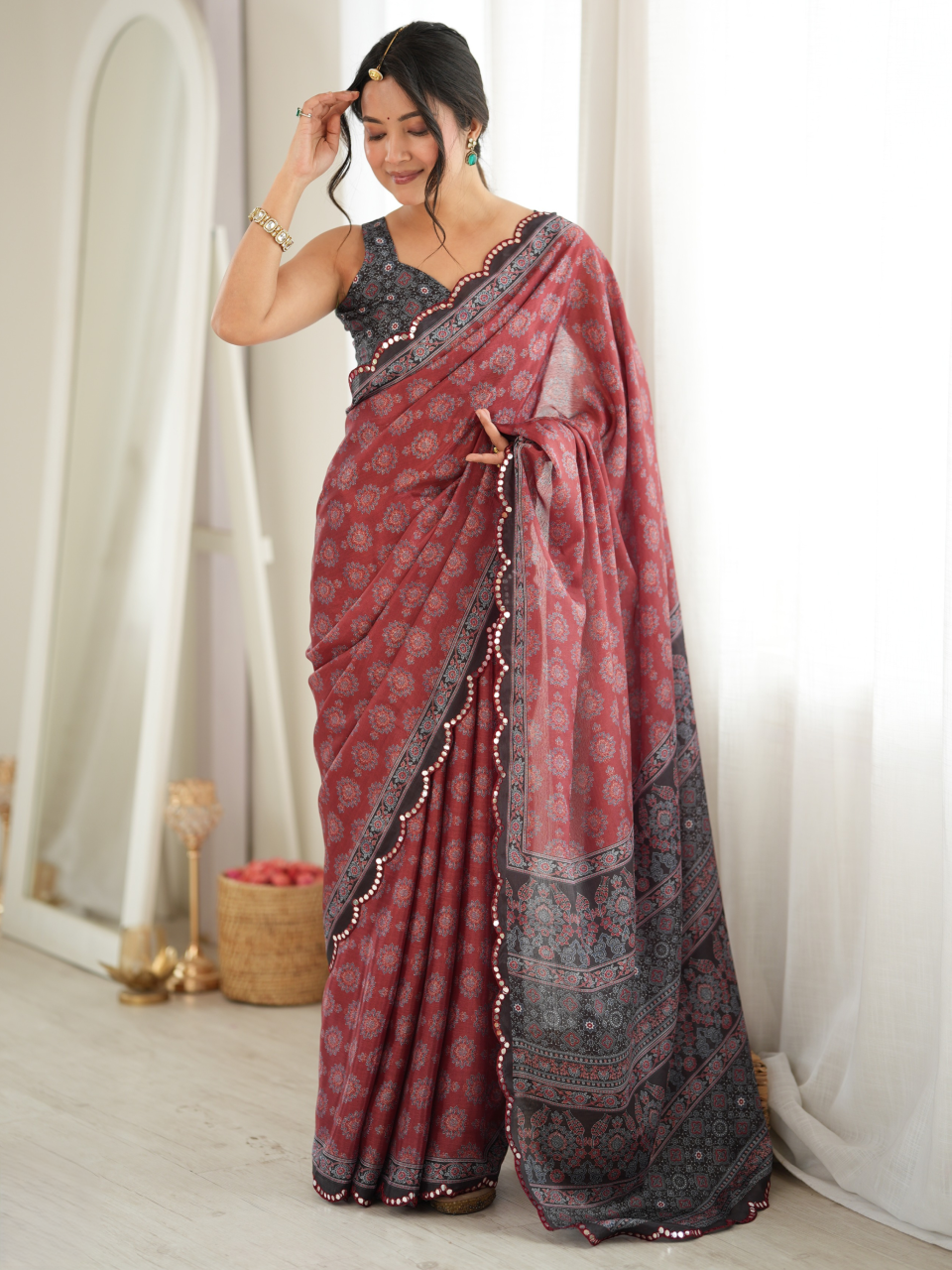 Maroon & Black Printed Chiffon Silk Saree
