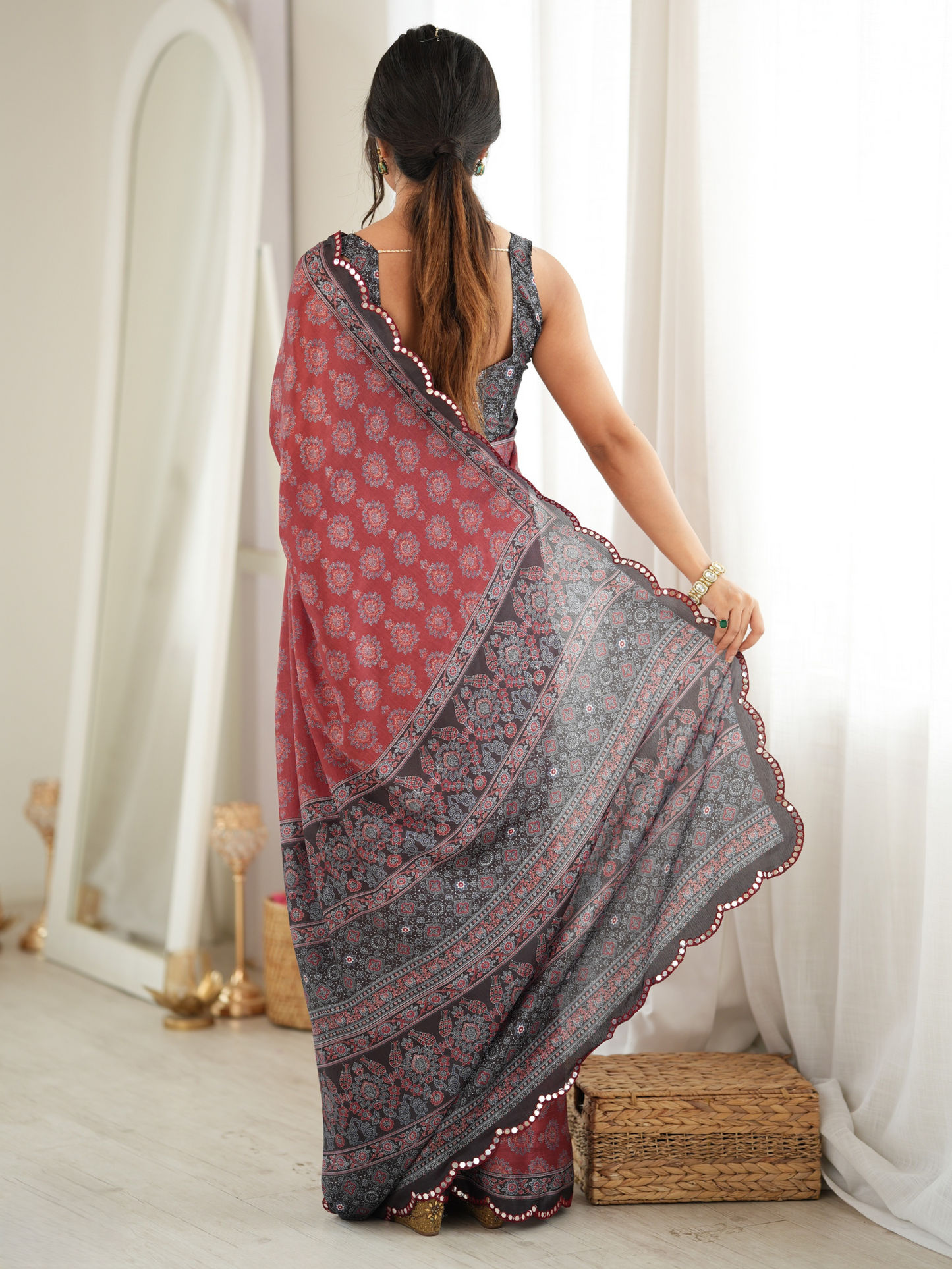Maroon & Black Printed Chiffon Silk Saree