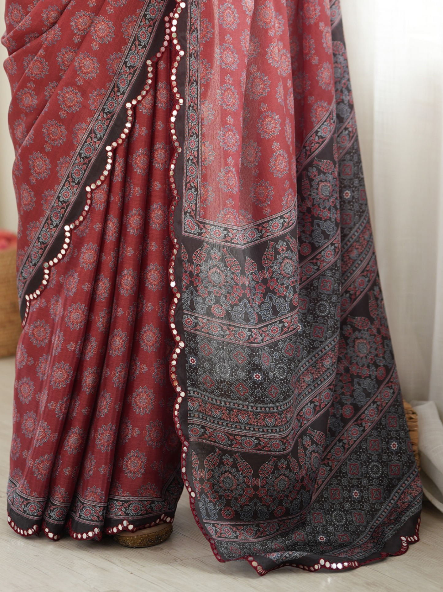Maroon & Black Printed Chiffon Silk Saree