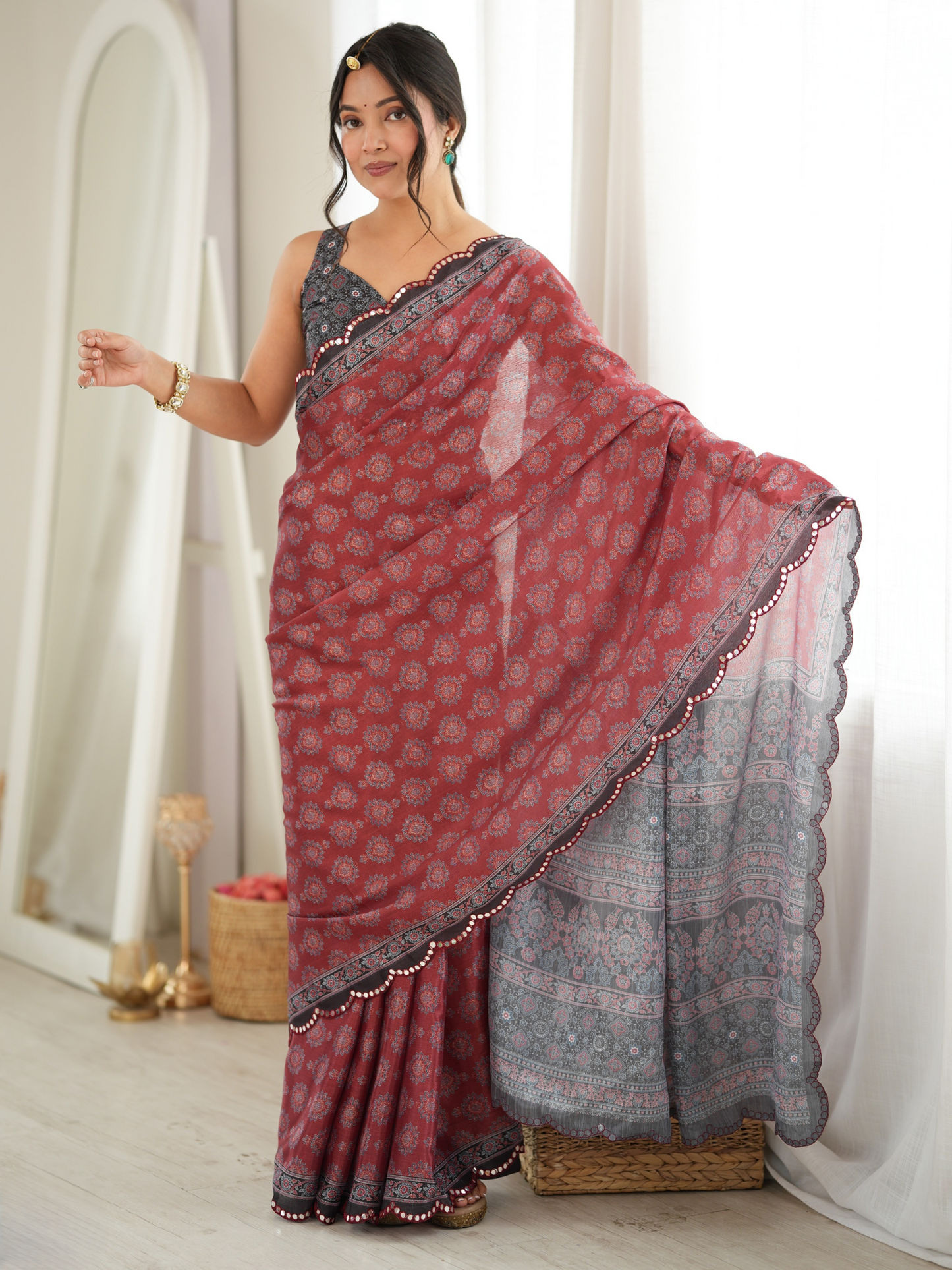 Maroon & Black Printed Chiffon Silk Saree