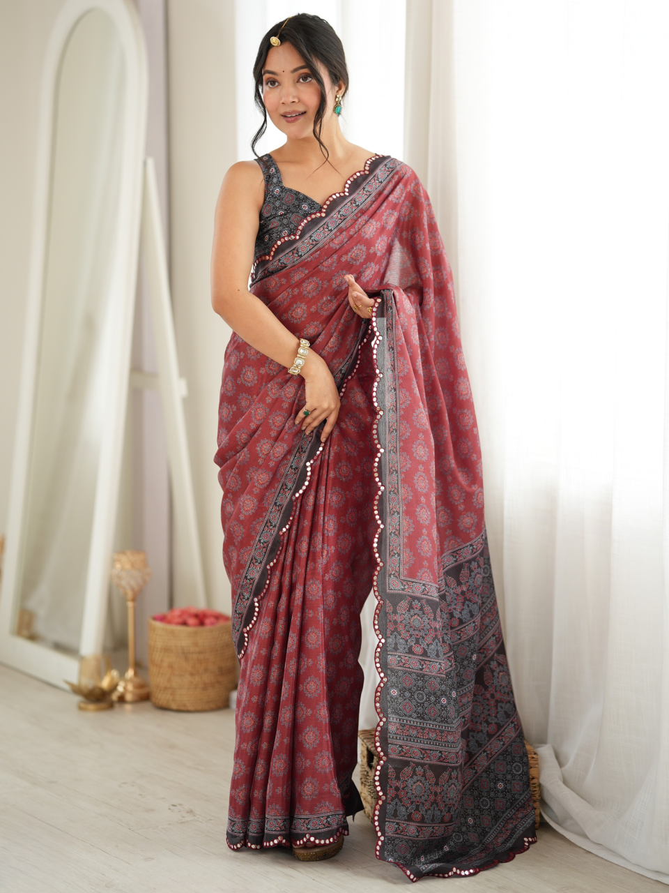 Maroon & Black Printed Chiffon Silk Saree